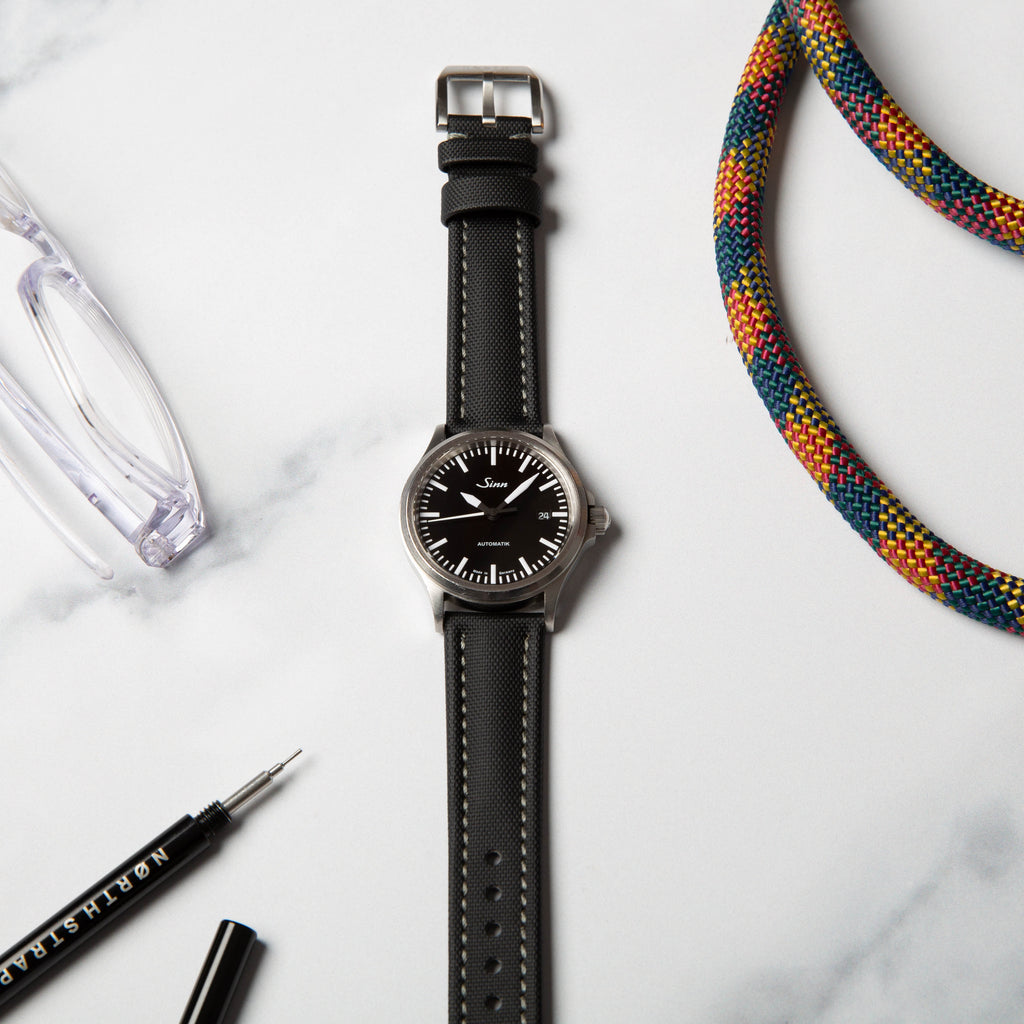 Black with Grey Stitching Premium Sailcloth watch strap by North Straps