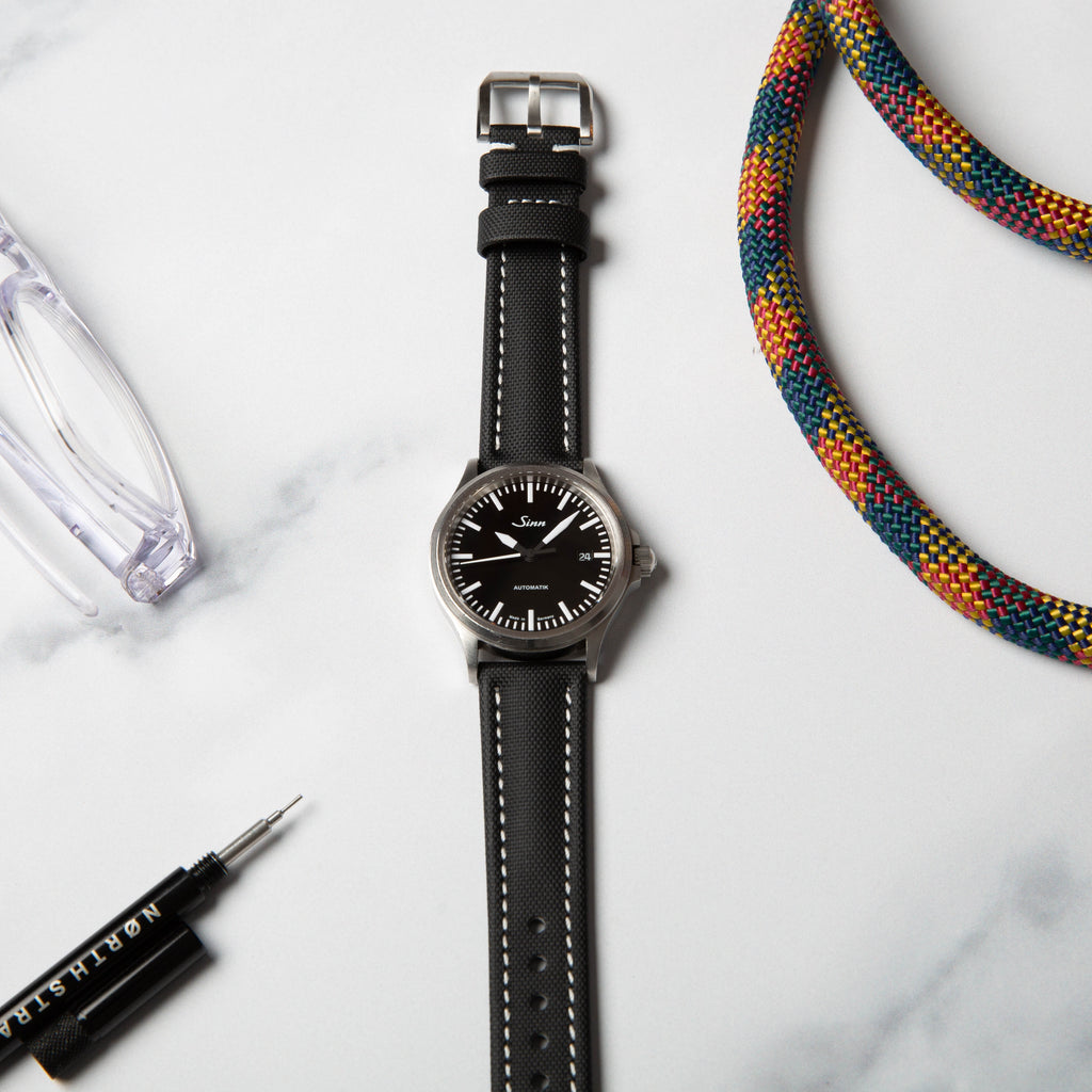 Black with White Stitching Premium Sailcloth watch strap by North Straps
