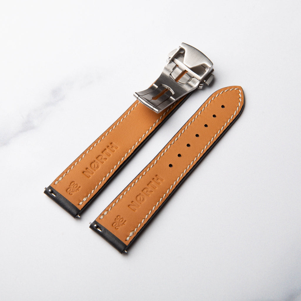 Black Barenia Leather Foldover watch strap by North Straps