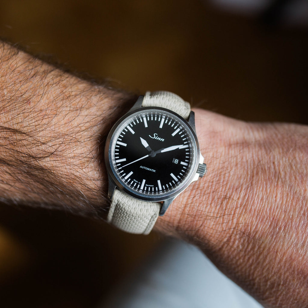 Wrist shot of North Stars Cut to Size CTS watch strap on Sinn 556