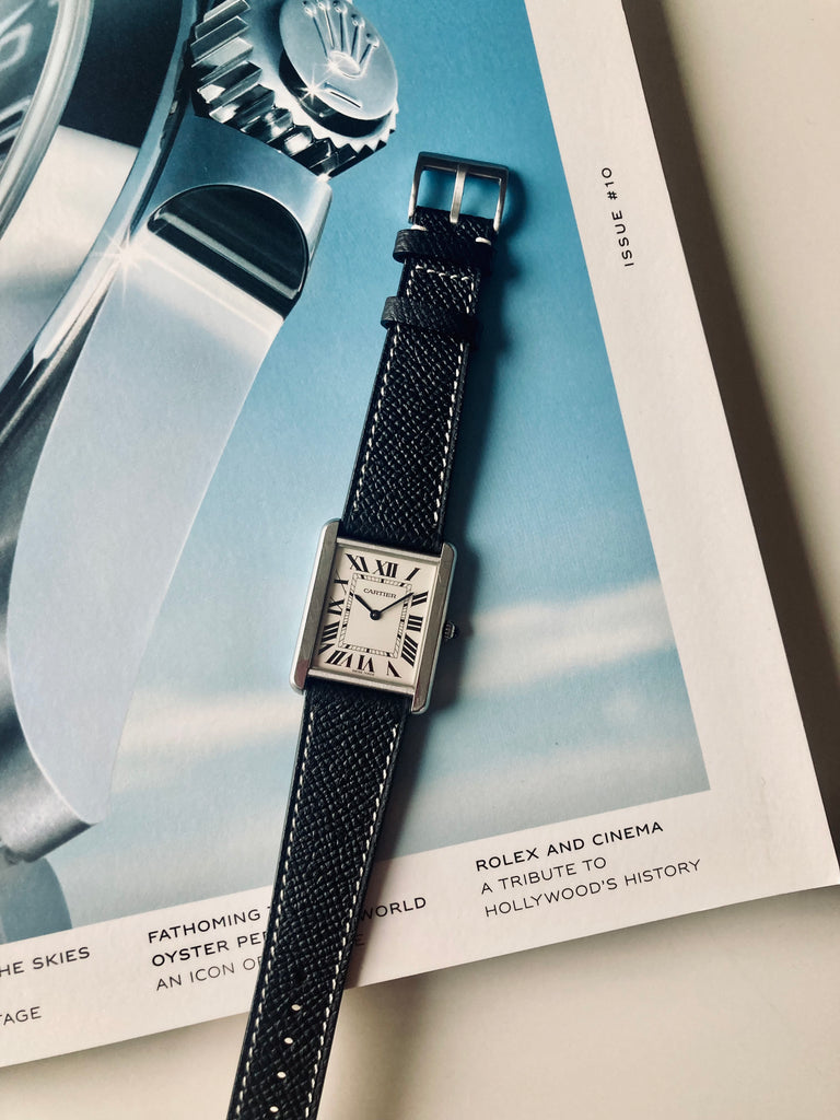 Cartier Tank Solo Large on black hand made premium Epsom leather watch strap by North Straps.