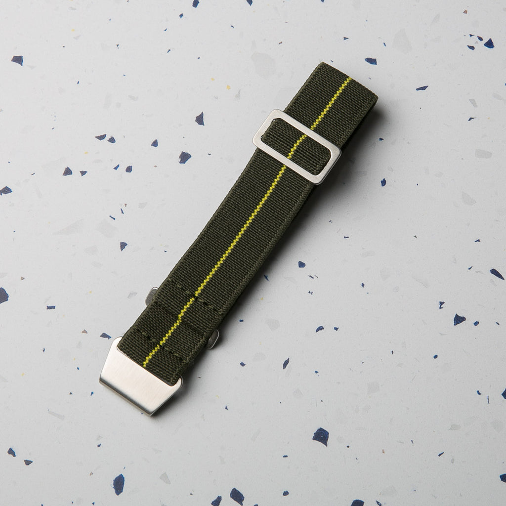 Green with Yellow Stripe Elastic Para style watch strap by North Straps