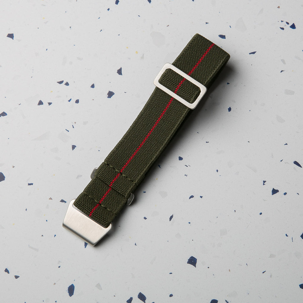 Green with Red Stripe Elastic Para style watch strap by North Straps