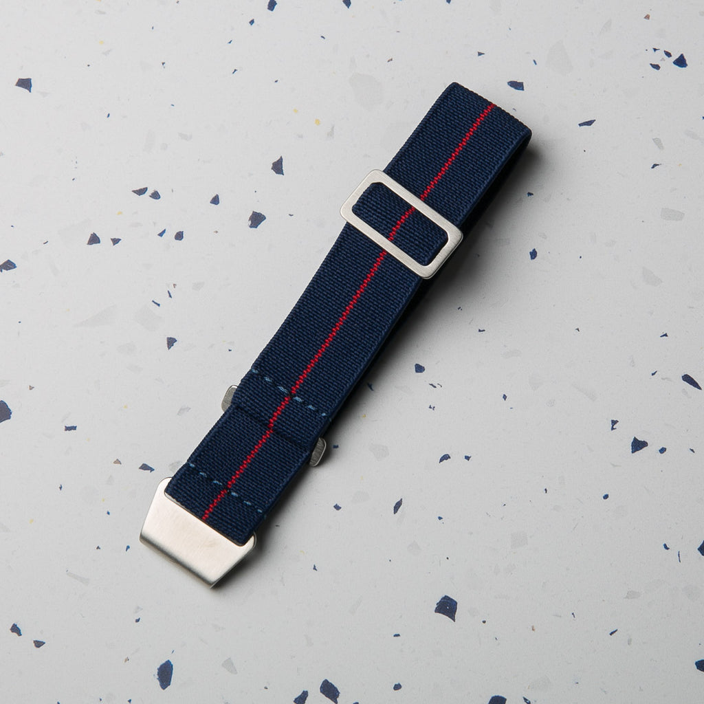 Blue with Red Stripe Elastic Para style watch strap by North Straps