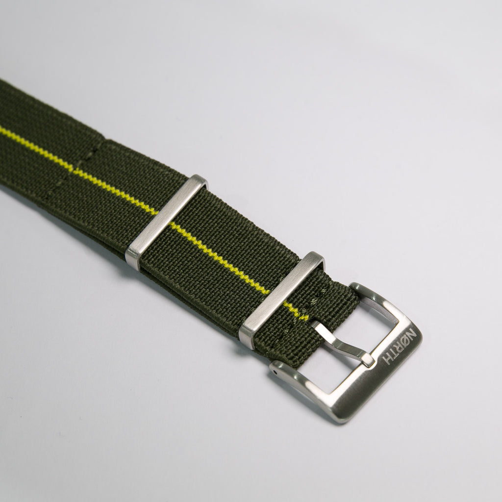 Green and Yellow Elastic Single Pass Nato watch strap by North Straps
