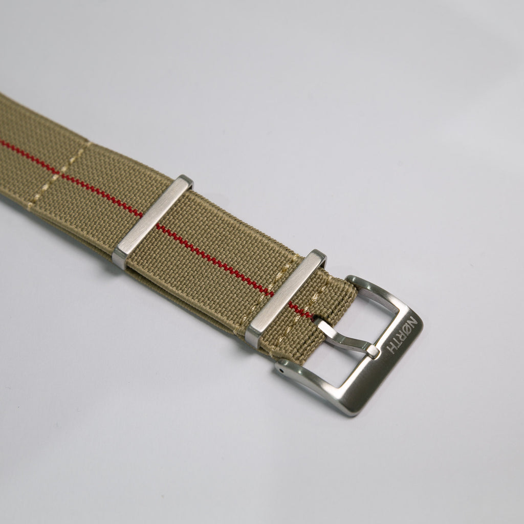 Khaki and Red Elastic Single Pass Nato watch strap by North Straps