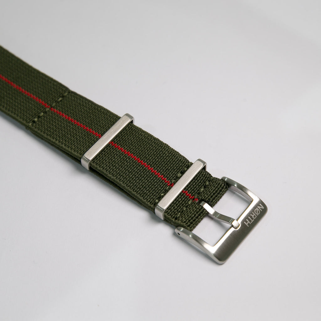 Green and Red Elastic Single Pass Nato watch strap by North Straps 
