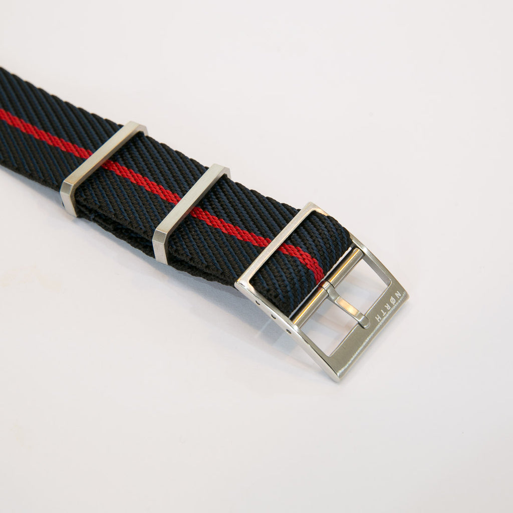 Blue/Black with Red Stripe Adjustable Single Pass Tudor Style Nato by North Straps