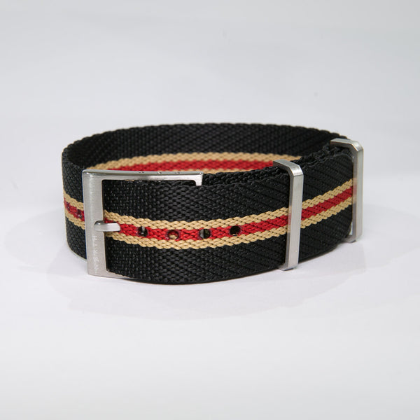 Black, Khaki and Red adjustable Tudor style single pass NATO watch strap by North Straps