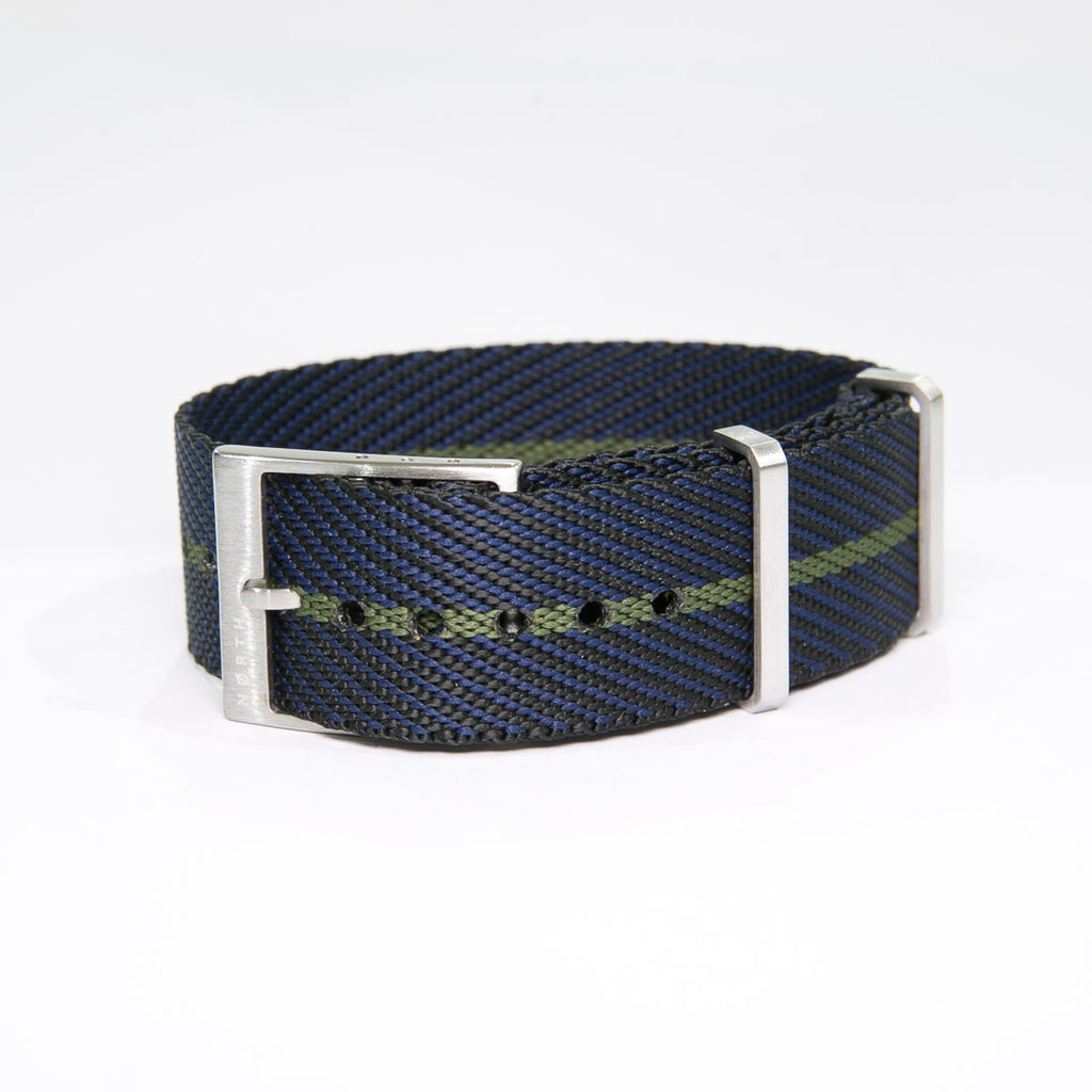 Blue/Black with Green Stripe Adjustable Single Pass Tudor Style Nato by North Straps