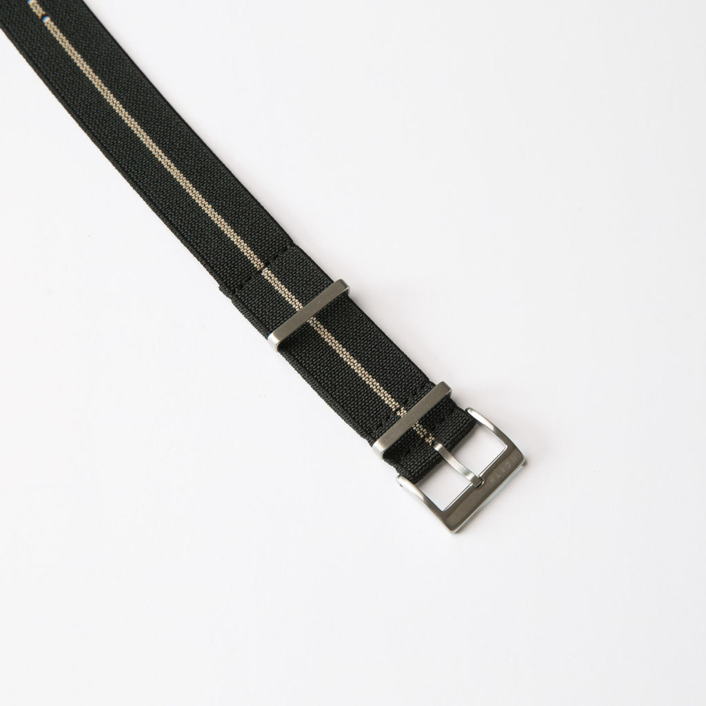 Black with beige stripe elastic single pass nato strap by North Straps