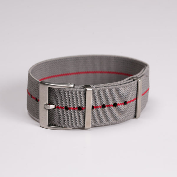 Grey with red stripe elastic single pass nato strap by North Straps