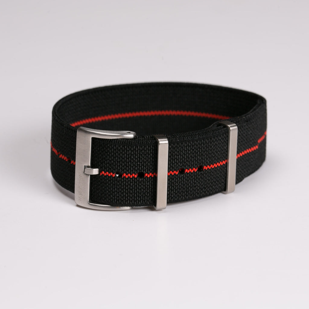 Black with red stripe elastic single pass nato strap by North Straps