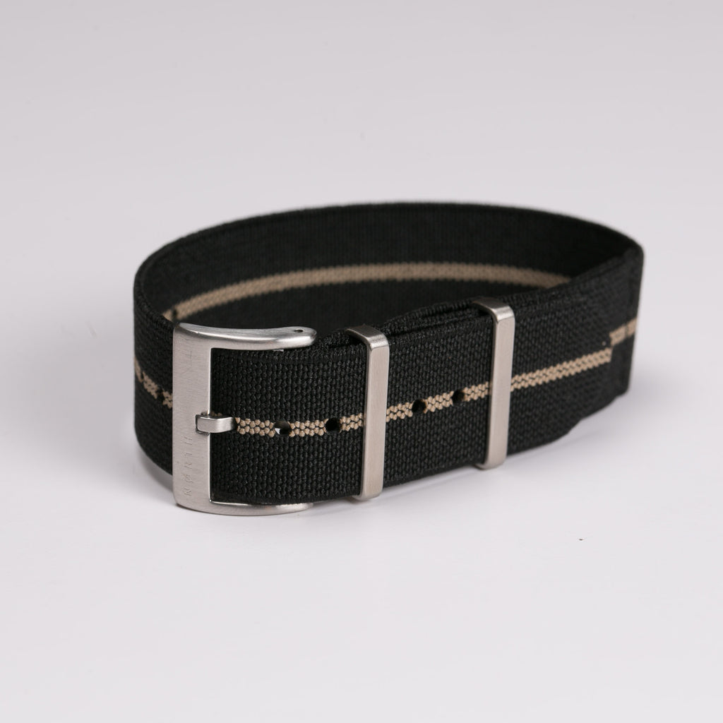 Black with beige stripe elastic single pass nato strap by North Straps