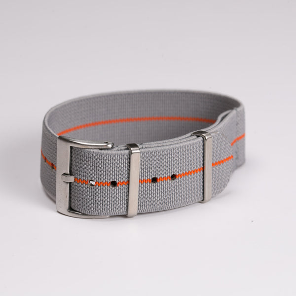 Grey and Orange Elastic Single Pass Nato watch strap by North Straps