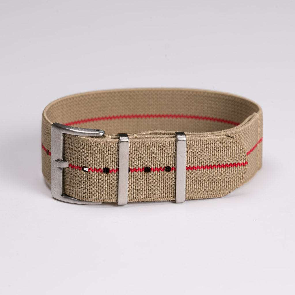 Khaki and Red Elastic Single Pass Nato watch strap by North Straps