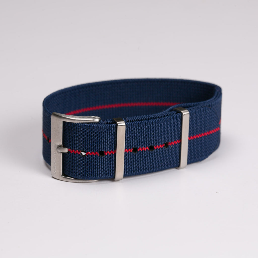 Blue with Red Stripe Elastic Single Pass Nato Watch Strap by North Straps