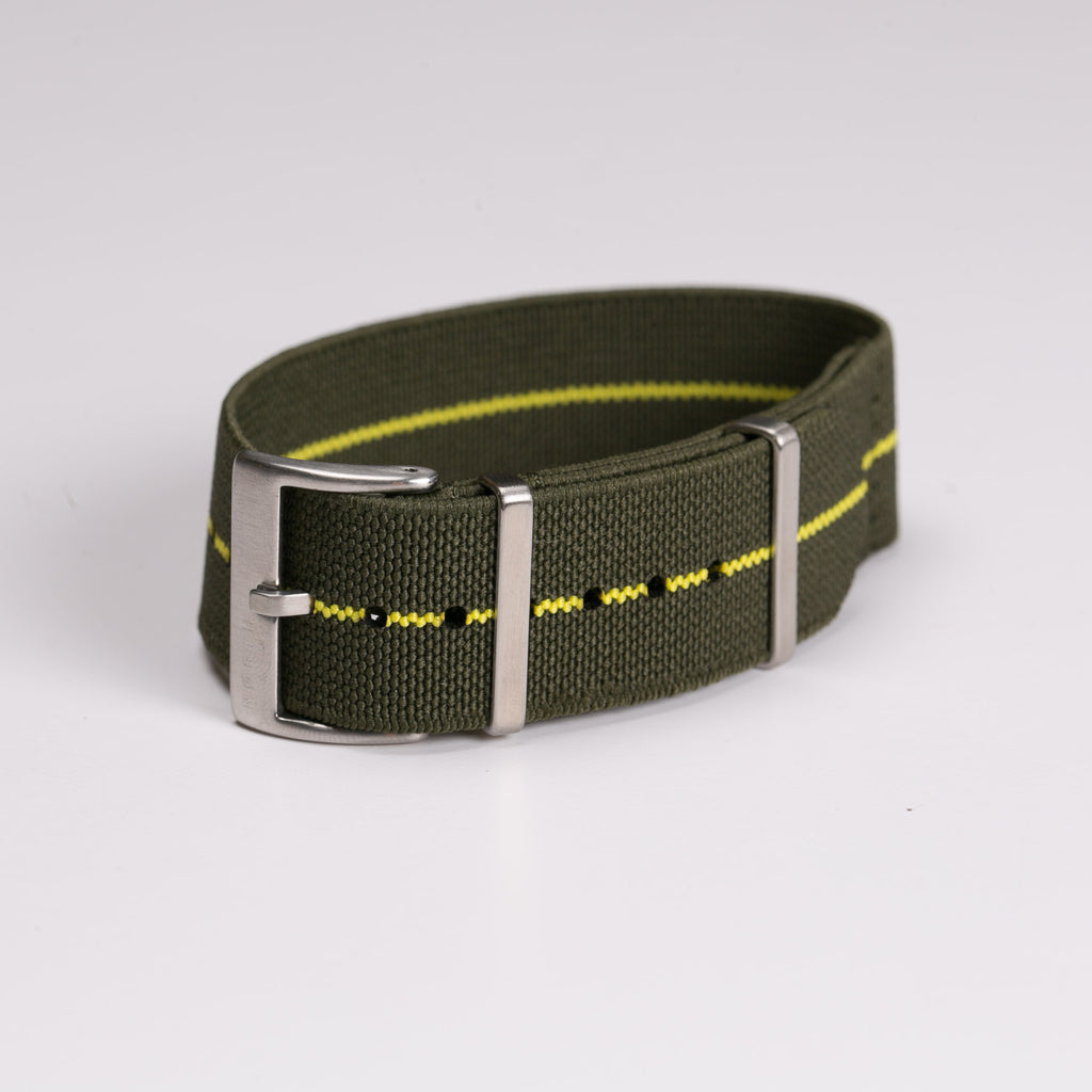Green and Yellow Elastic Single Pass Nato watch strap by North Straps